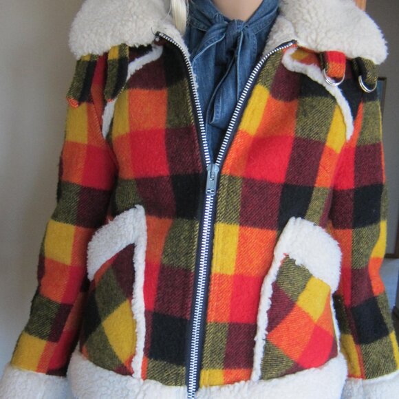 Vintage 70s LADY UTEX Retro Orange Plaid Wool Sherpa Bomber Jacket Canada - Picture 10 of 10